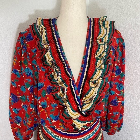 Vintage Assorti Floral Blue Red Wrap Front Unique Waist Pleated Maxi Dress SZ M - Picture 4 of 14